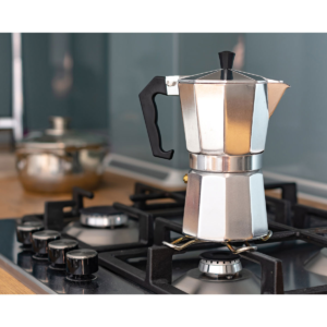Italian Moka Pot 6 cup stainless steel stovetop espresso maker on kitchen counter