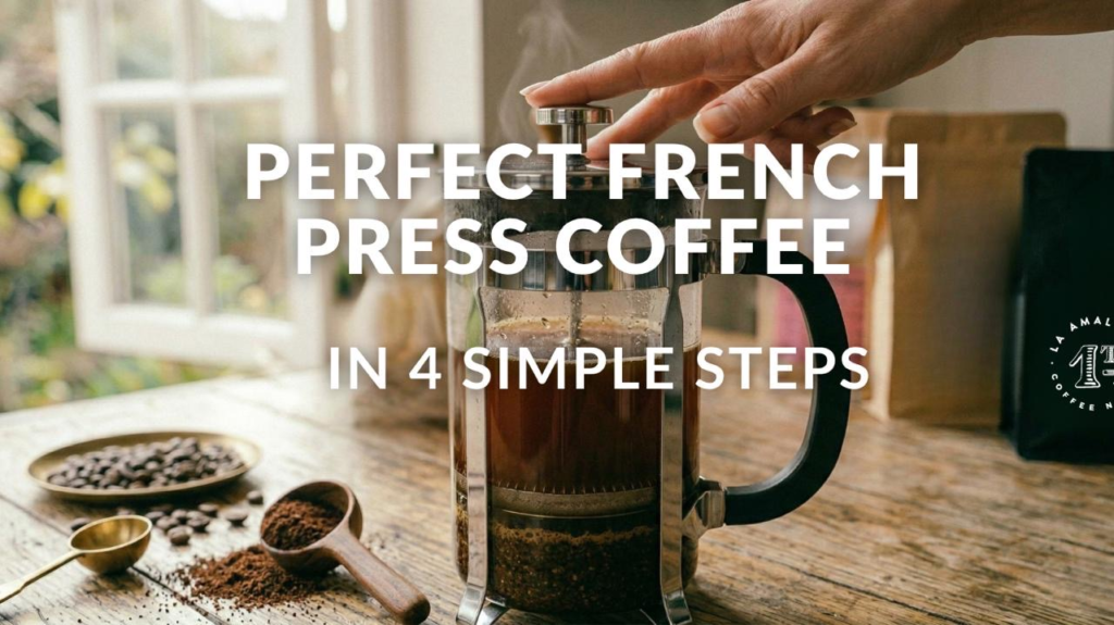 French press coffee brewing with coarse grounds and hot water
