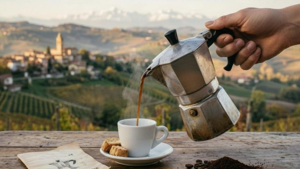 Italian Moka Pot brewing coffee on a stovetop