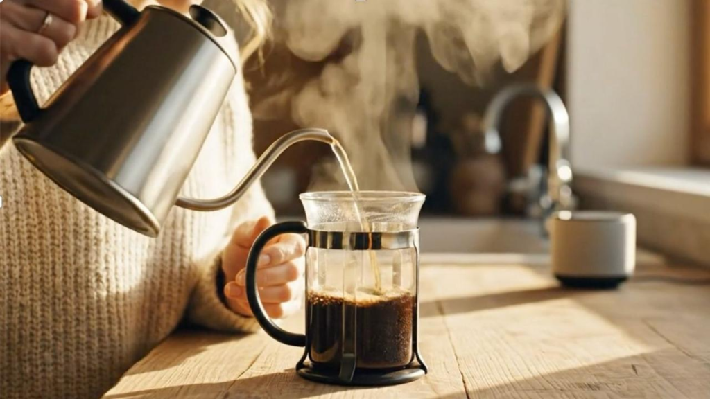 Woman enjoying a mindful coffee moment with a French press in a calm morning setting