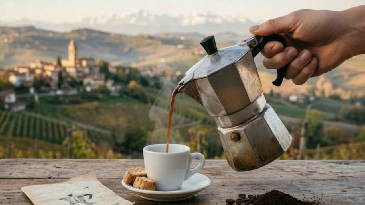 Italian Moka Pot brewing coffee on a stovetop