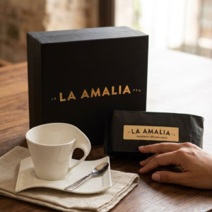 La Amalia 1888 luxury coffee gift box with Villeroy and Boch New Wave Caffé cup, saucer, spoon, and dark roast coffee beans