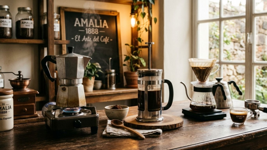 Coffee brewing methods including moka pot, French press, and pour over for rich flavor