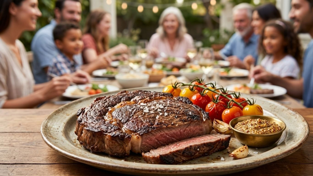 Coffee-rubbed steak sliced on a plate with cherry tomatoes and family gathered at the table in the background